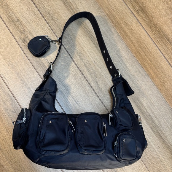 Nunoo Sally Black Nylon Shoulder Bag Purse‎ Grunge Gothic Moto Biker - Picture 10 of 12